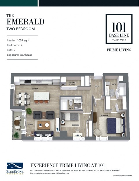 Floor plan for 2 beds, 2 baths, 1057 sqft